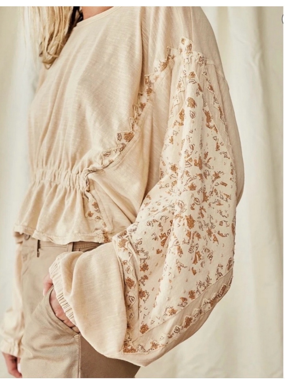 NWT Free People Embroidered Throwback Dolman Bishop Long Sleeve Top Size XL
